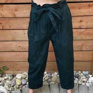 Zara Basic Deep Green High Waist 100% Cotton Trouser Tie Pant Tapered Ankle